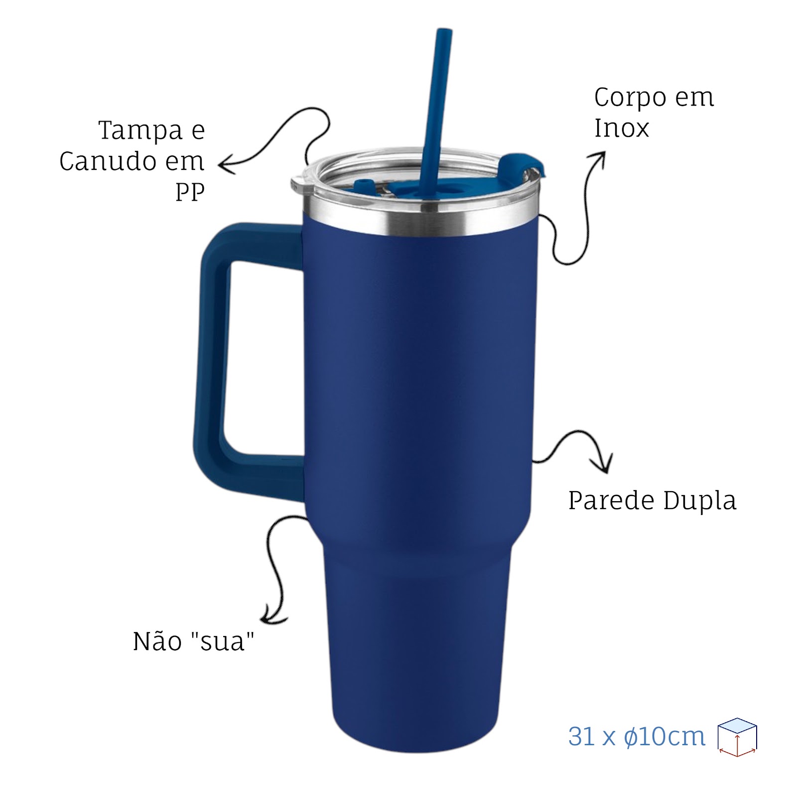 Garrafa Canecão em Inox Parede Dupla 1300ml com Alça e Canudo Azul