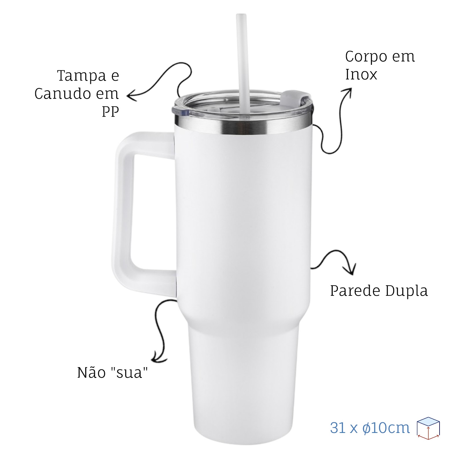 Garrafa Canecão em Inox Parede Dupla 1300ml com Alça e Canudo Branca