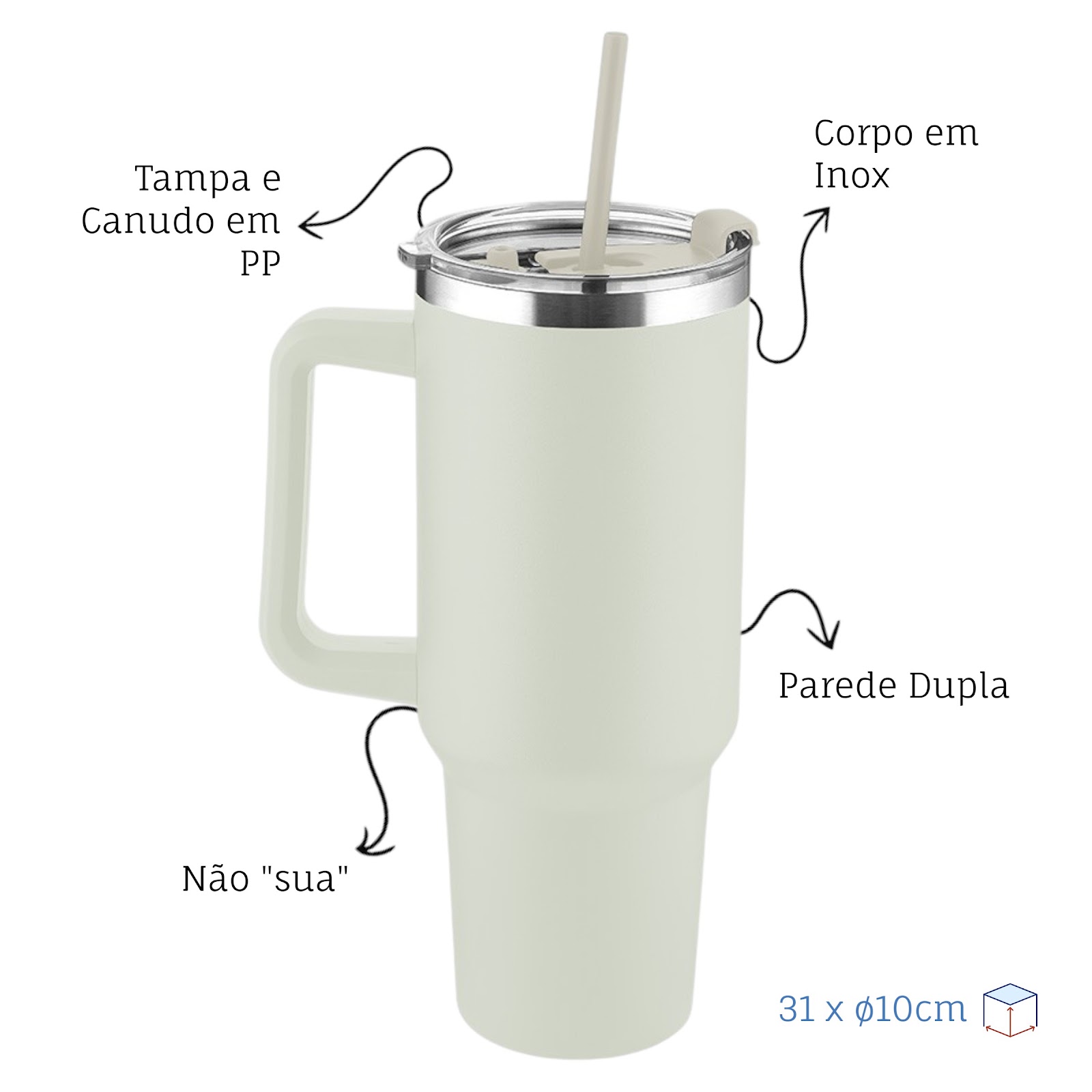 Garrafa Canecão em Inox Parede Dupla 1300ml com Alça e Canudo Bege