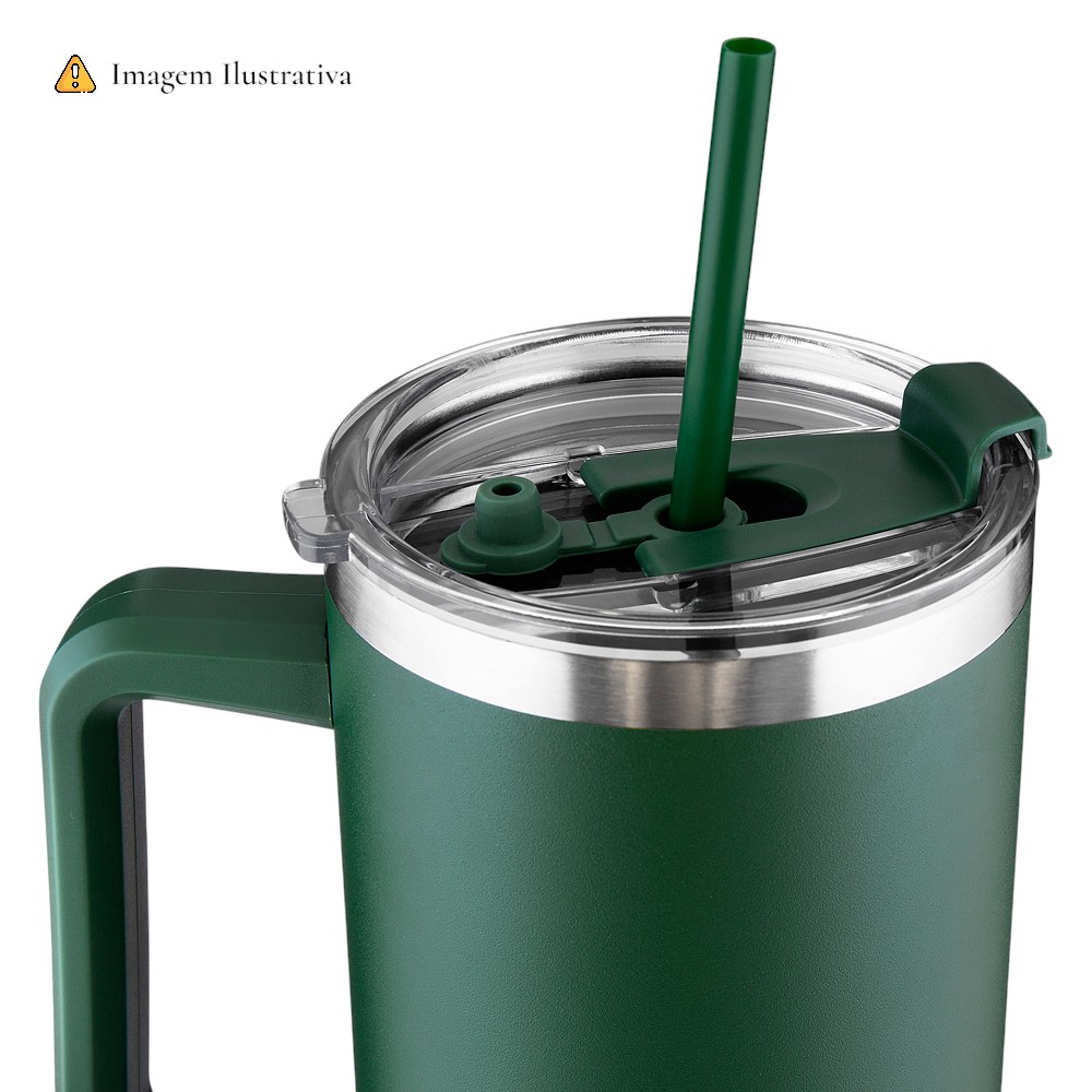 Garrafa Canecão em Inox Parede Dupla 1300ml com Alça e Canudo Cinza