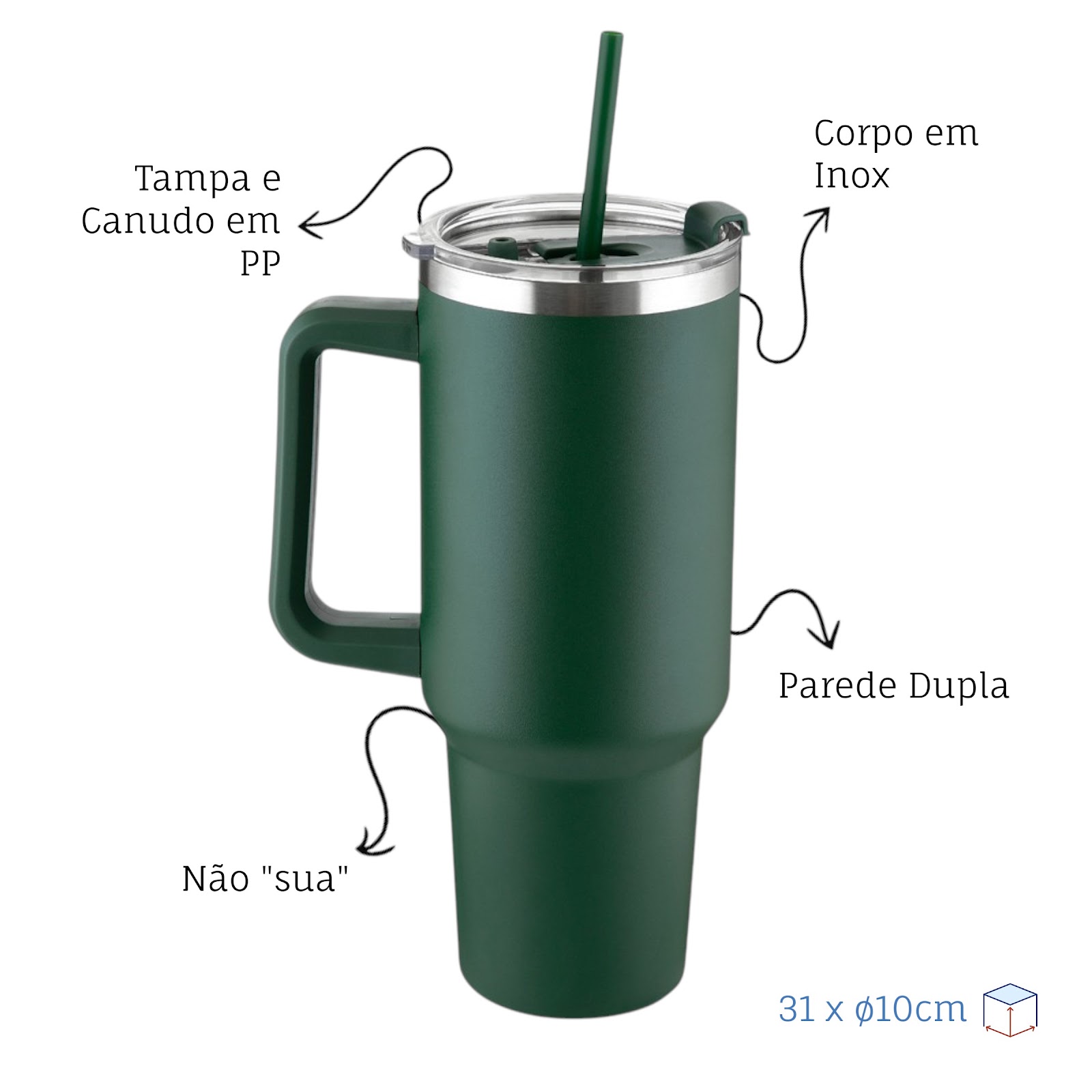 Garrafa Canecão em Inox Parede Dupla 1300ml com Alça e Canudo Verde