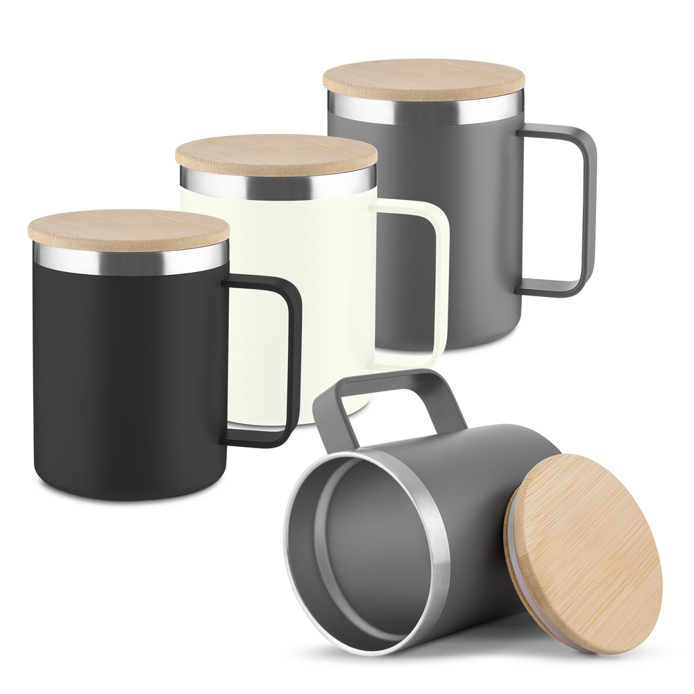 Caneca Térmica 400ml Parede Dupla com Tampa de Bambu Cinza