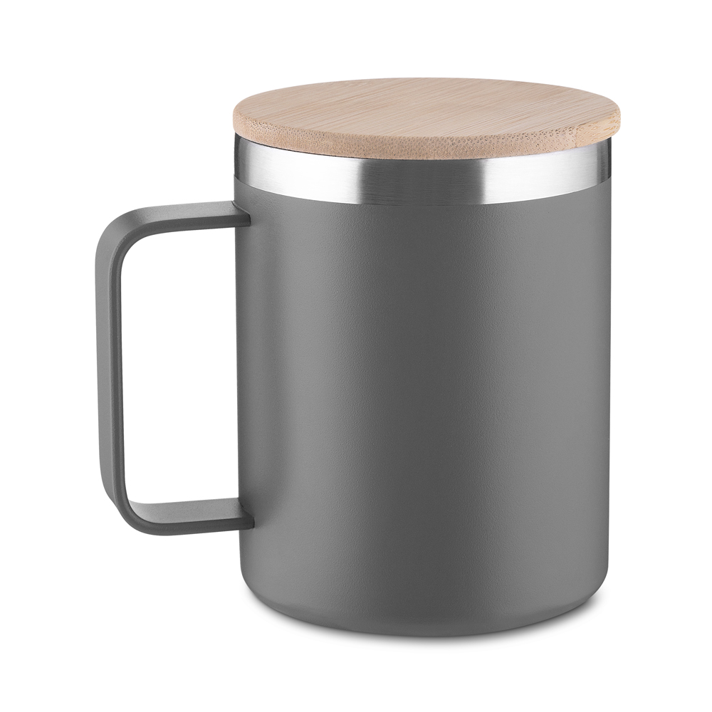 Caneca Térmica 400ml Parede Dupla com Tampa de Bambu Cinza