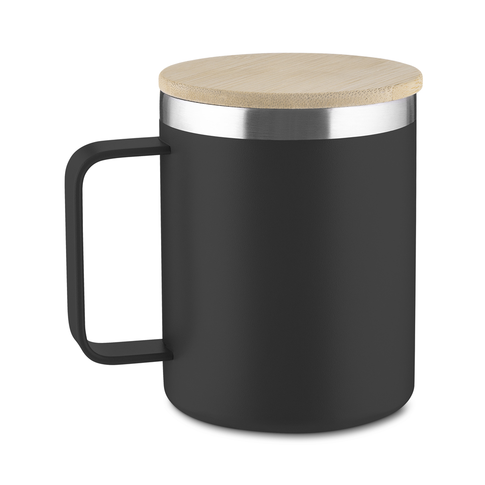 Caneca Térmica 400ml Parede Dupla com Tampa de Bambu Preta