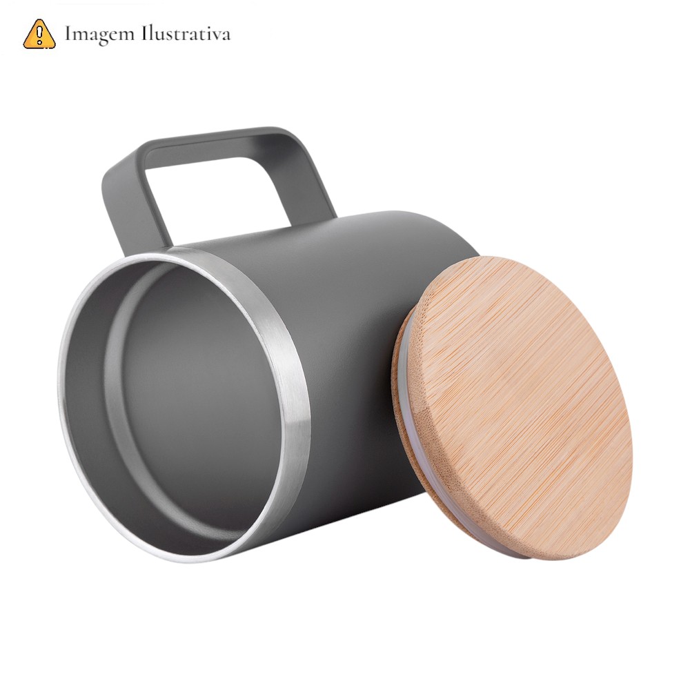 Caneca Térmica 400ml Parede Dupla com Tampa de Bambu Preta