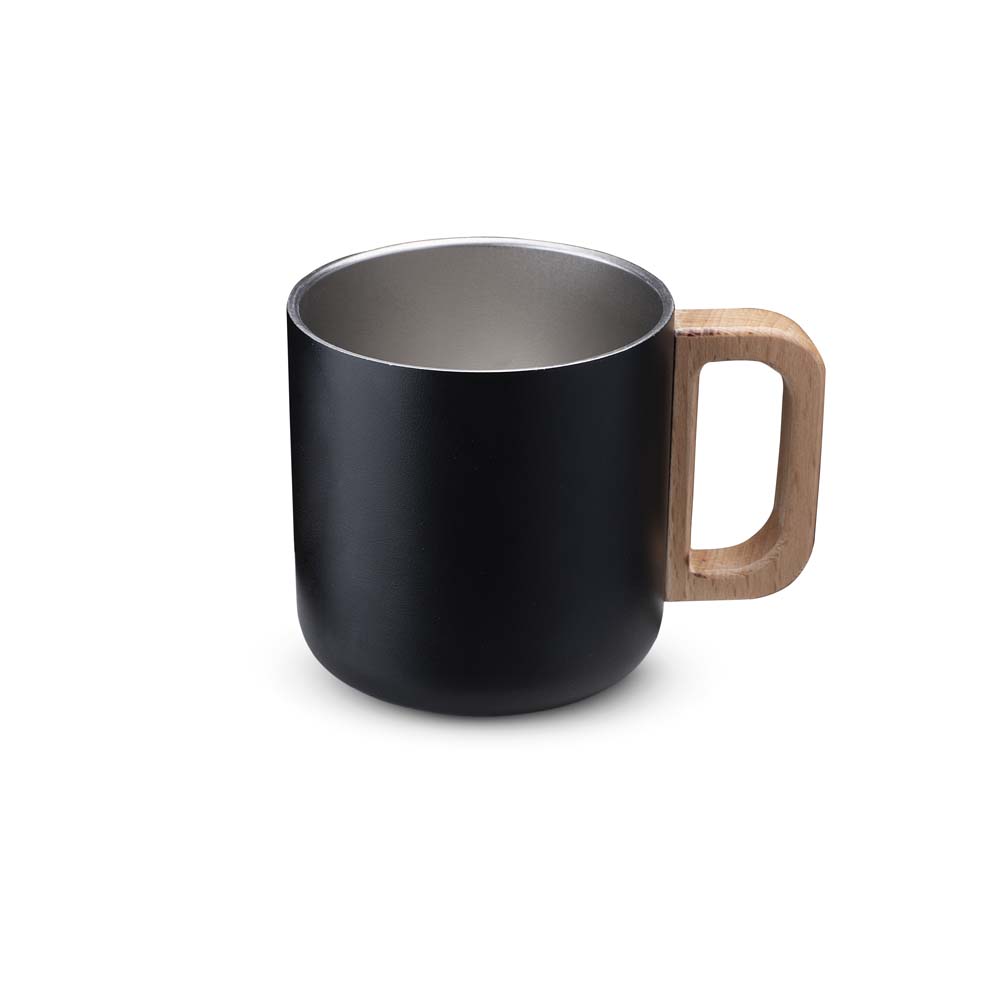 Caneca Térmica 400ml Parede Dupla com Alça de Bambu Preta