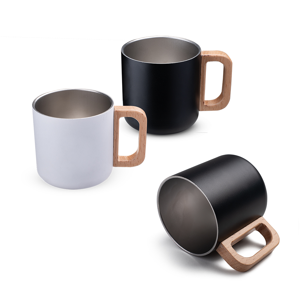 Caneca Térmica 400ml Parede Dupla com Alça de Bambu Preta