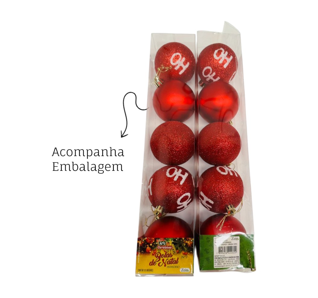 Kit 5 Bolas de Natal Grande 7cm HoHoHo Decoração Natalina Enfeite Árvore