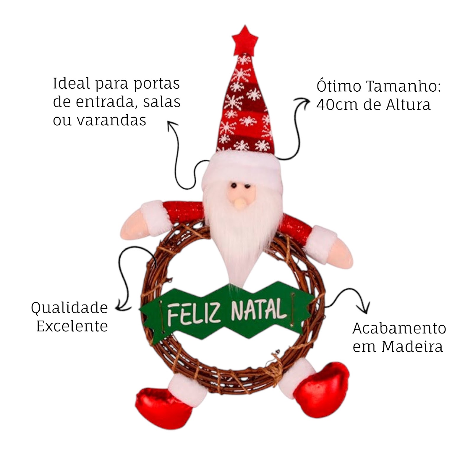 Guirlanda Boneco Papai Noel Madeira 40cm Decorativo Placa Feliz Natal