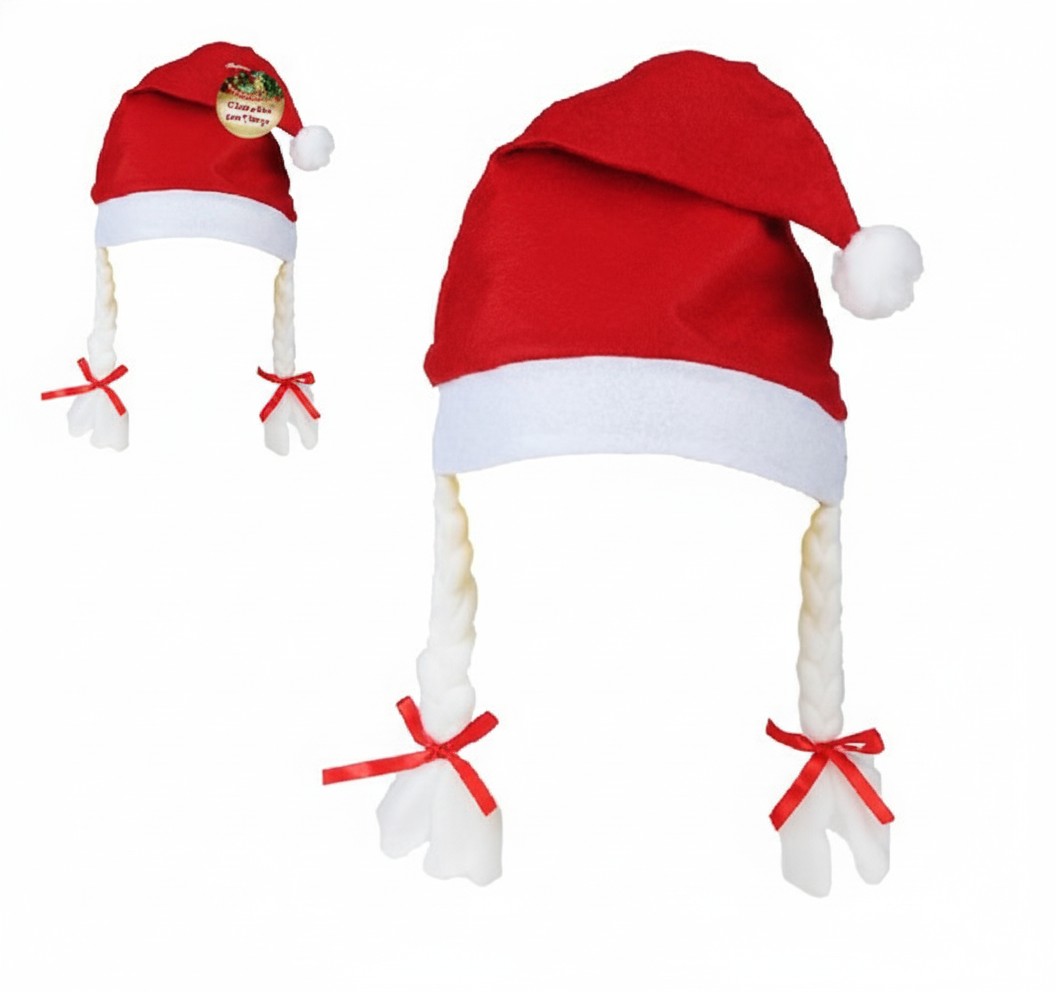 Touca com Trança Natalina 28x55cm Gorro de Natal Pompom Mamãe Noel