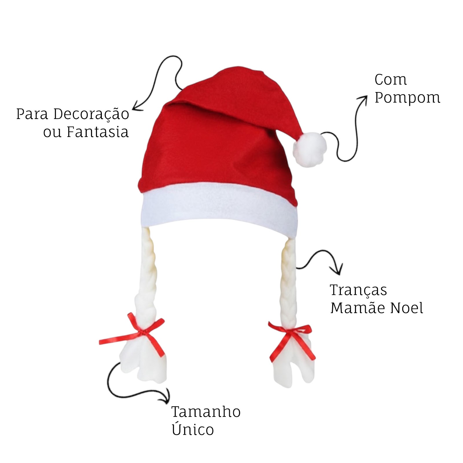 Touca com Trança Natalina 28x55cm Gorro de Natal Pompom Mamãe Noel