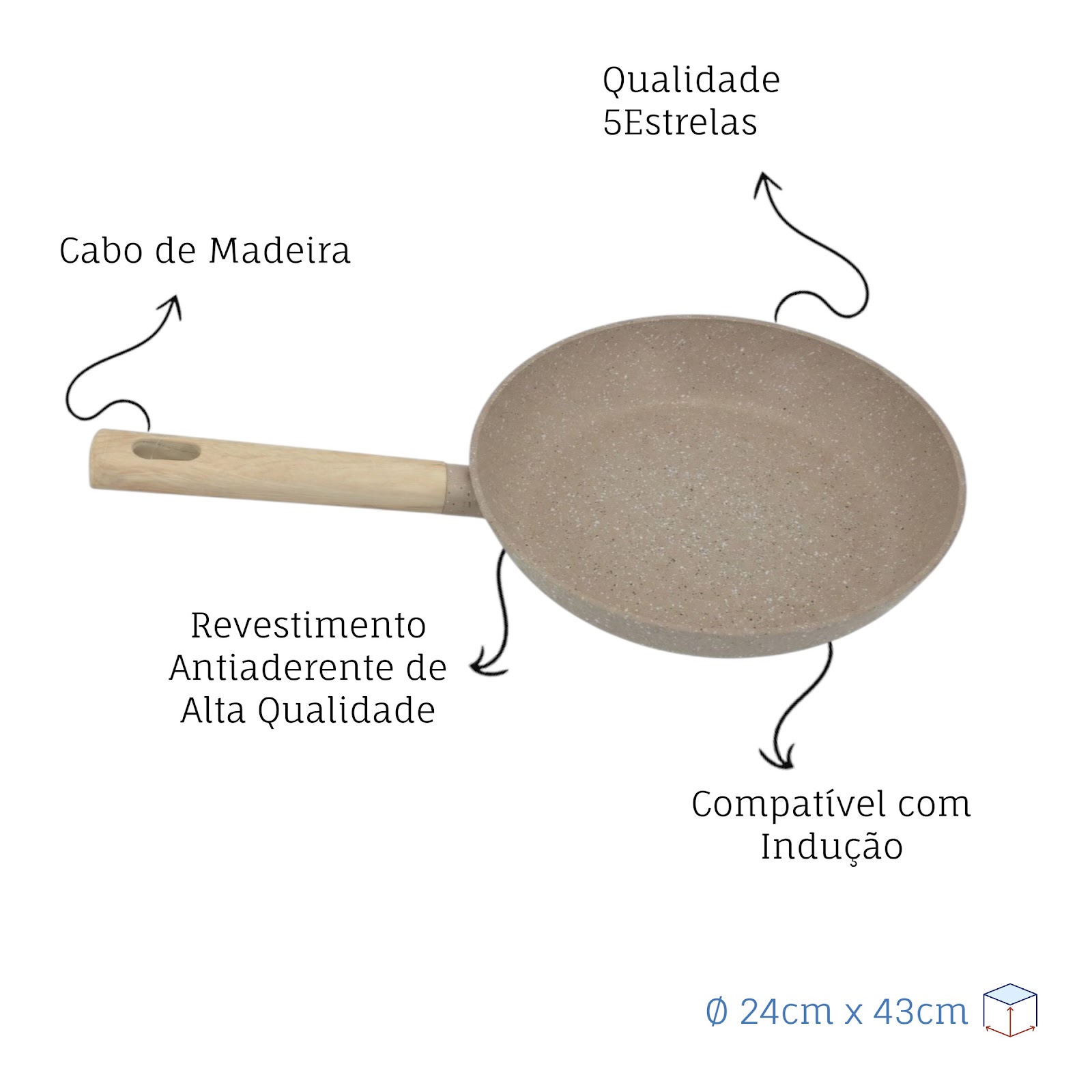 Frigideira Indução Antiaderente Cabo de Madeira Linha Marble 24cm