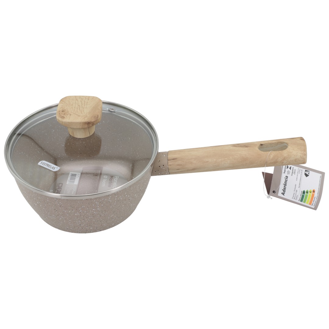 Panela Indução Antiaderente Linha Marble 16cm Cabo de Madeira