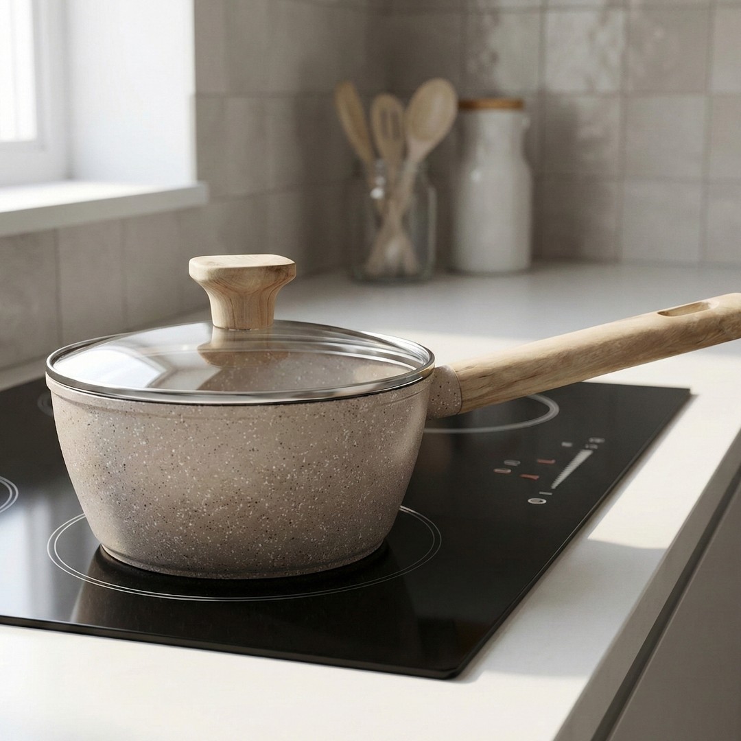 Panela Indução Antiaderente Linha Marble 16cm Cabo de Madeira