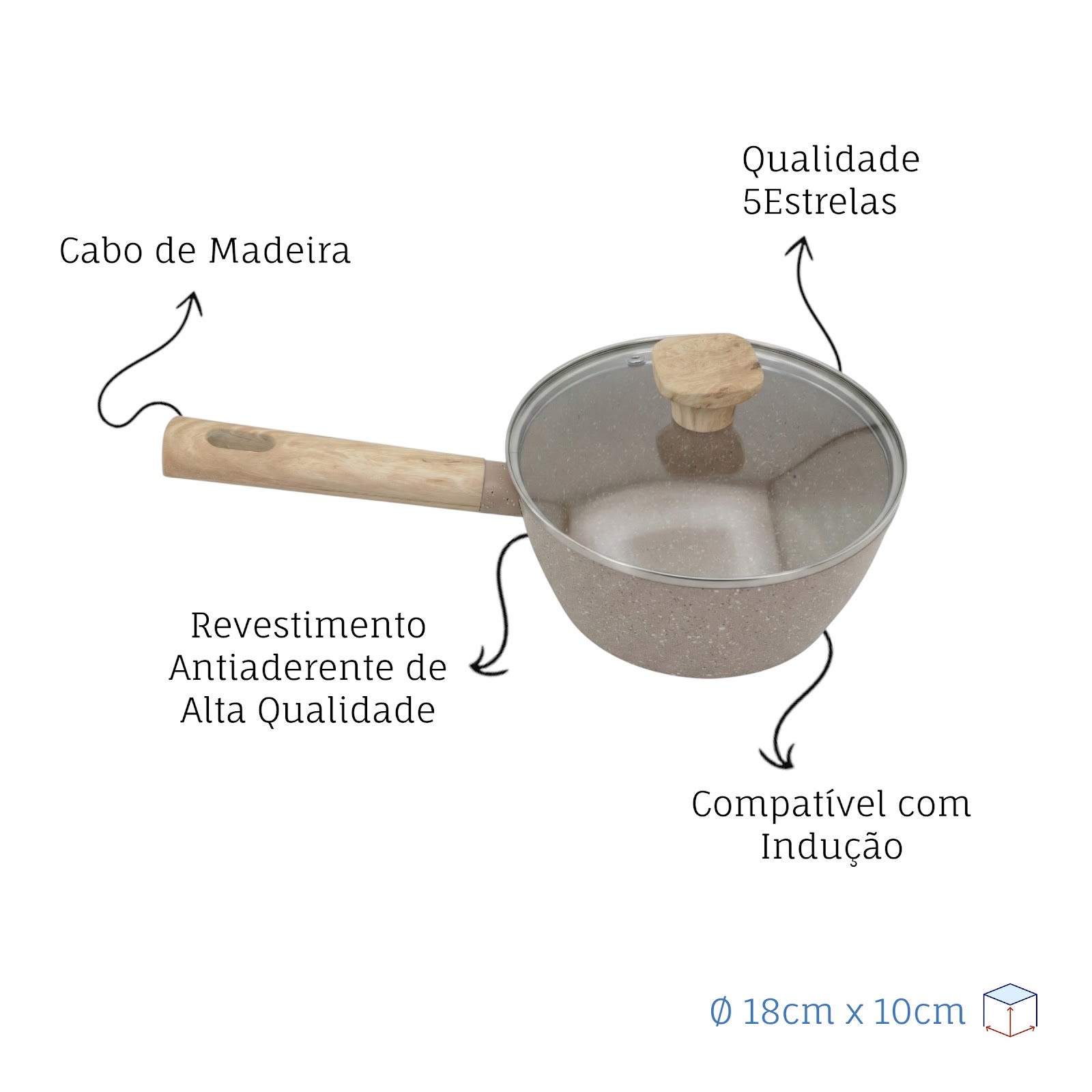 Panela Indução Antiaderente Linha Marble 18cm Cabo de Madeira