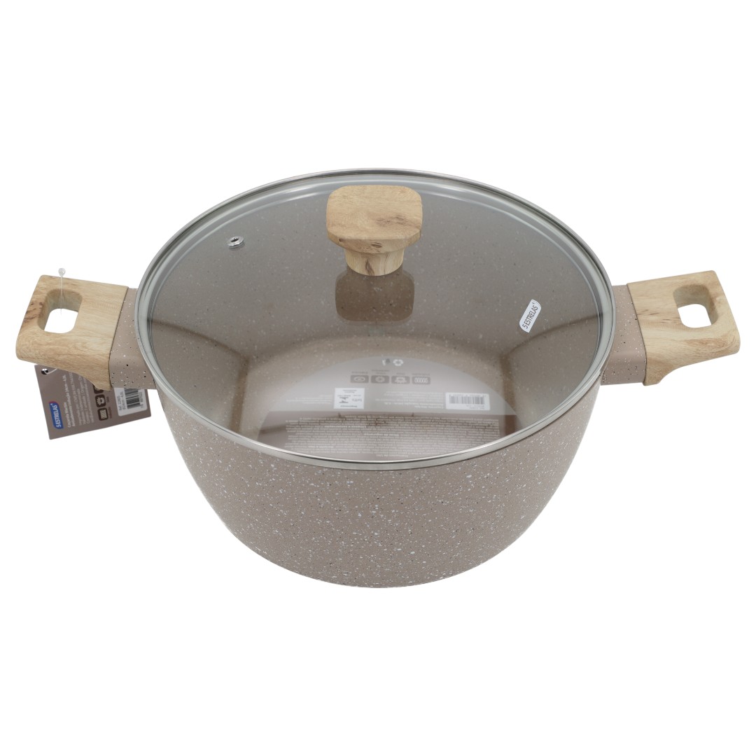 Panela Caçarola Indução Antiaderente Marble 24cm Cabo de Madeira