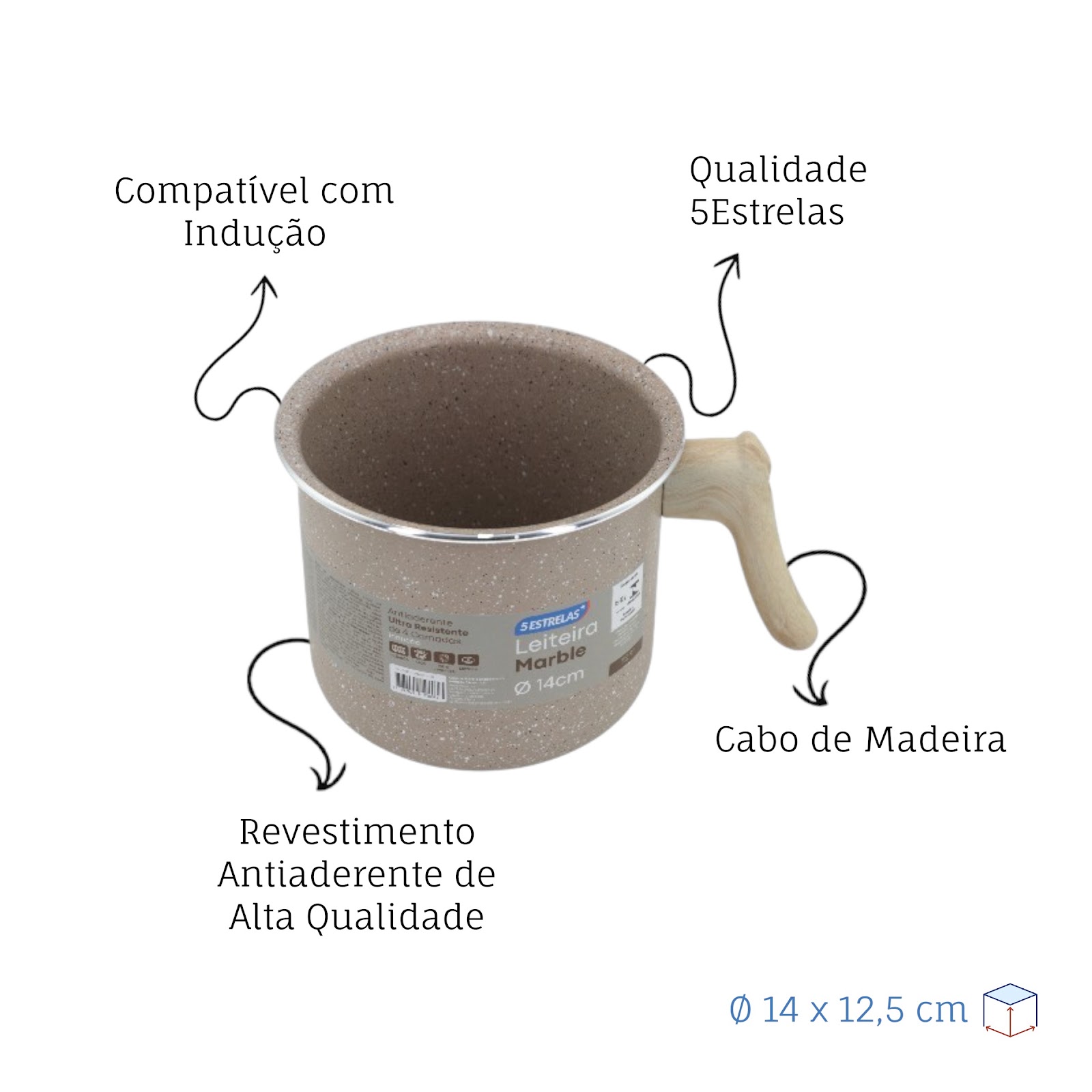 Caneco Leiteira Indução Antiaderente Marble Ø14cm Cabo de Madeira