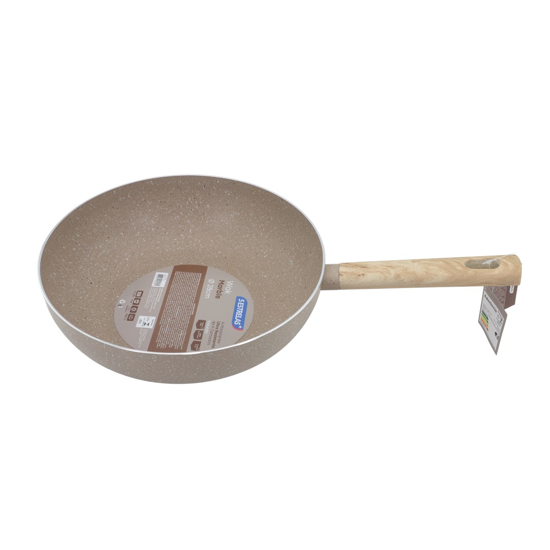 Frigideira Wok Antiaderente Marble Indução Ø28cm Cabo de Madeira