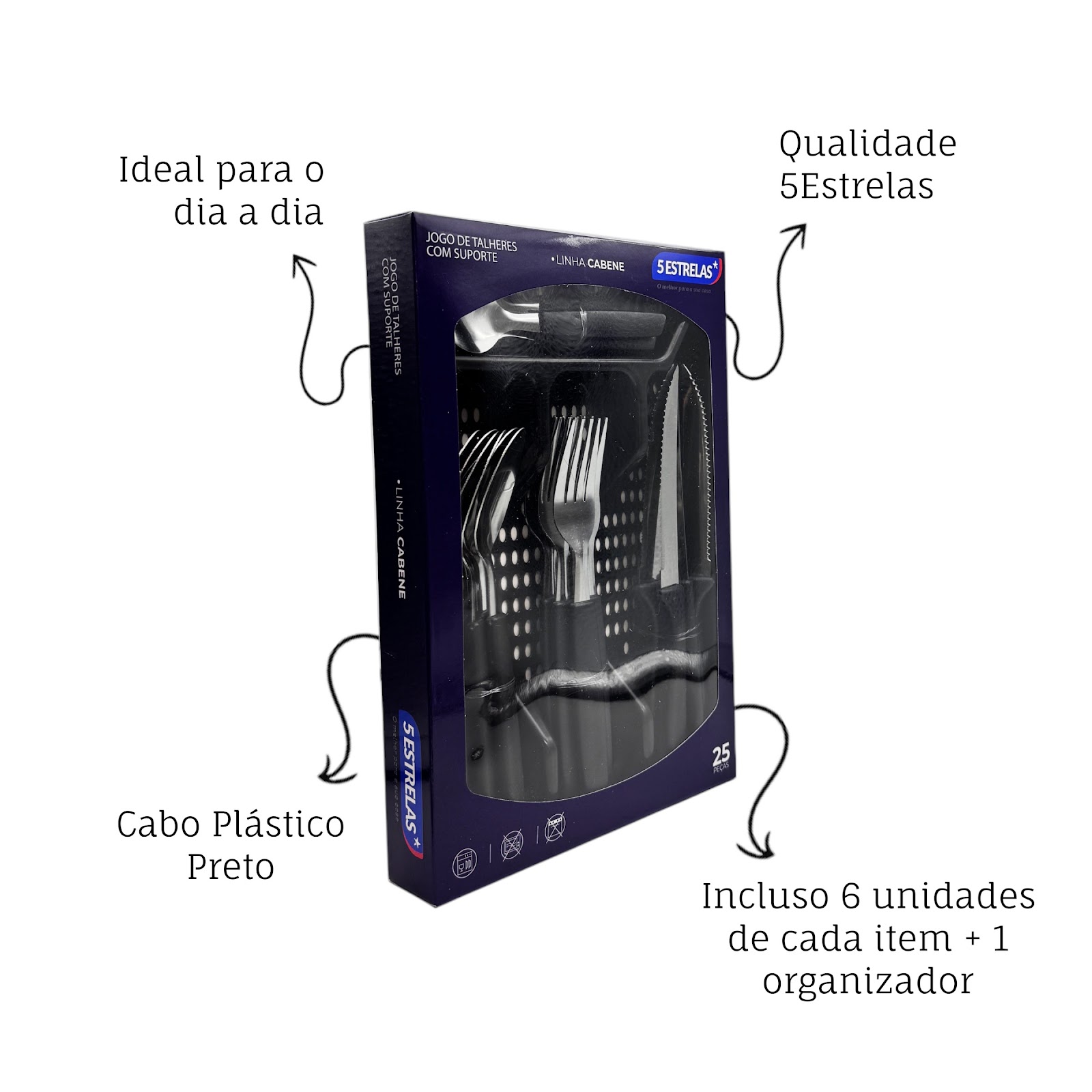 Jogo de Talheres 25 Peças Cabene com Suporte de Gaveta Preto