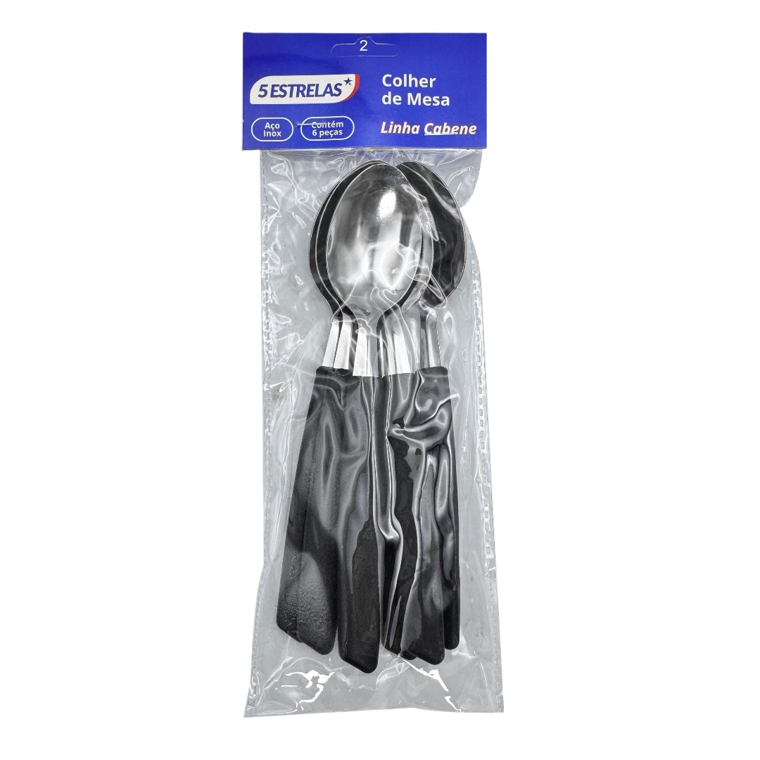 Kit 6 Peças Colher de Mesa Cabene Cabo Plástico Preto