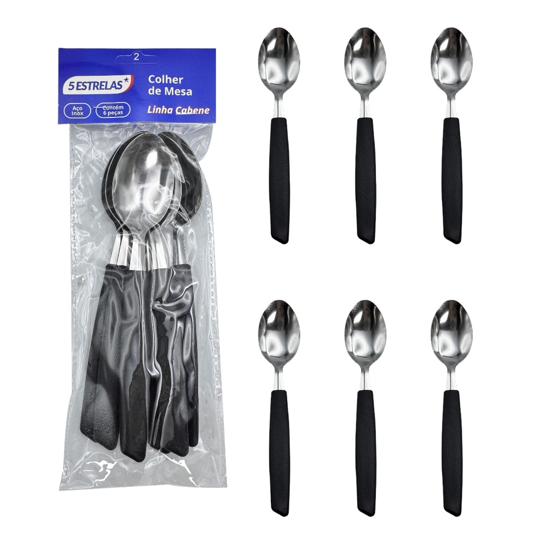 Kit 6 Peças Colher de Mesa Cabene Cabo Plástico Preto