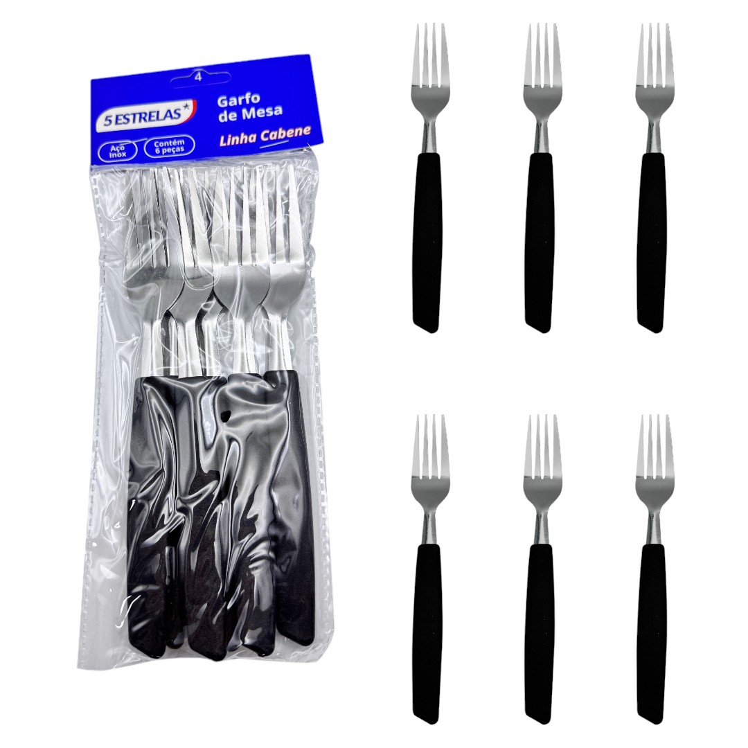 Kit 6 Peças Garfo de Mesa Cabene Cabo Plástico Preto