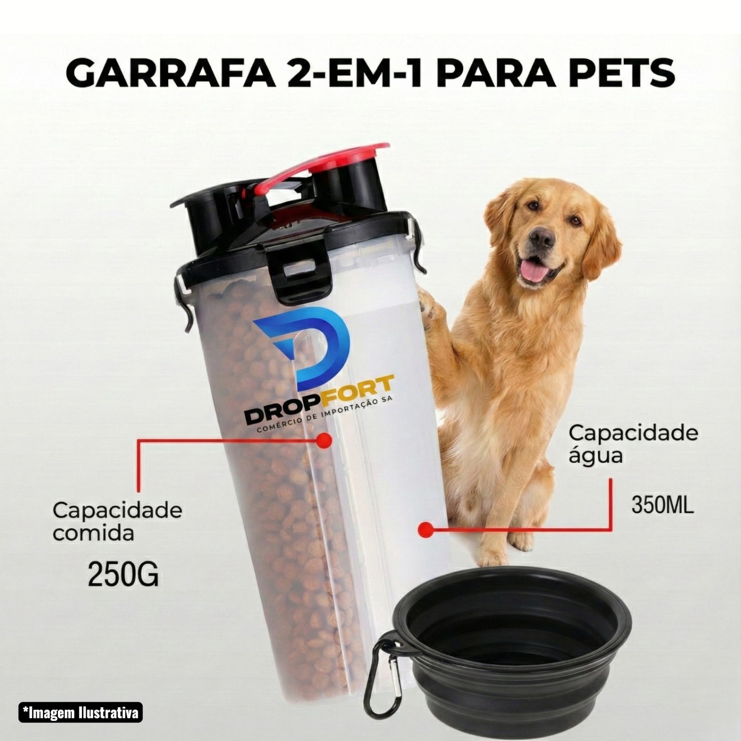 Garrafa Dupla Porta Ração e Água Pets com Pote Retrátil Preta