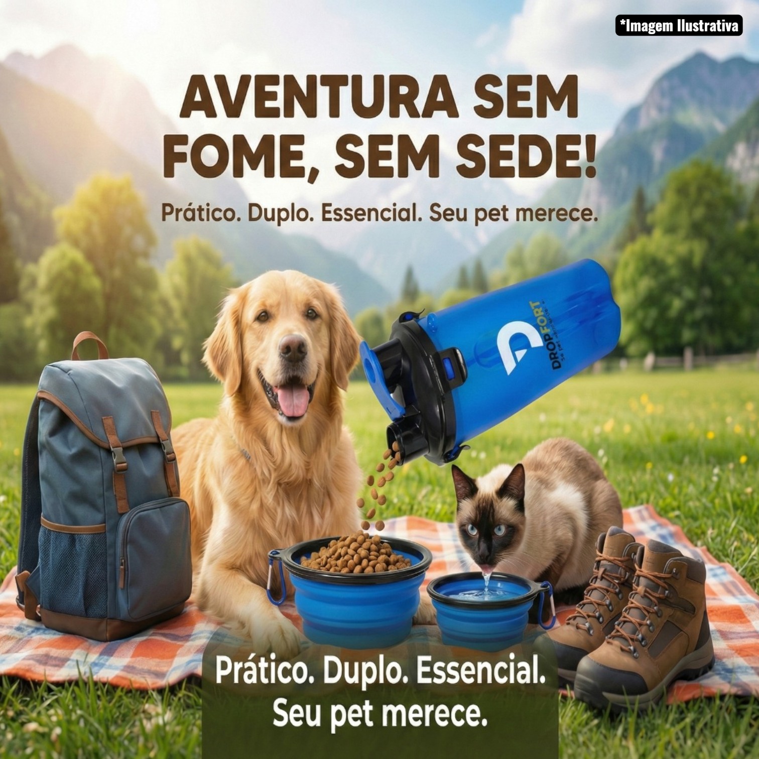 Garrafa Dupla Porta Ração e Água Pets com Pote Retrátil Preta