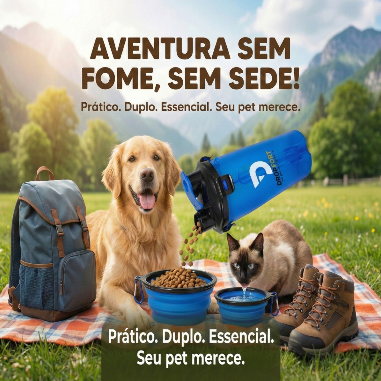 Garrafa Dupla Porta Ração e Água Pets com Pote Retrátil Azul