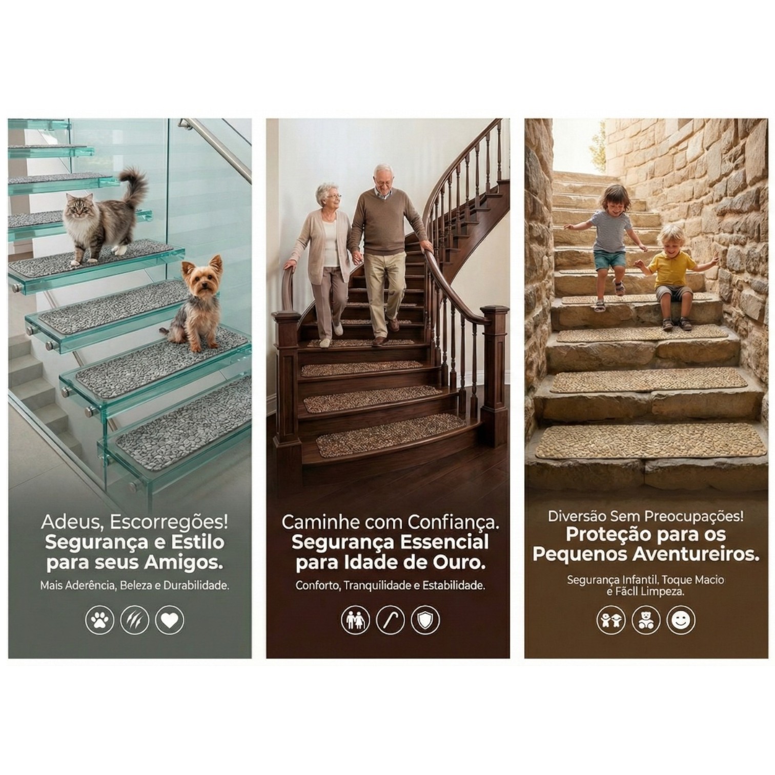 Tapete Antiderrapante Antiquedas Escadas Pets Bege 20x76cm