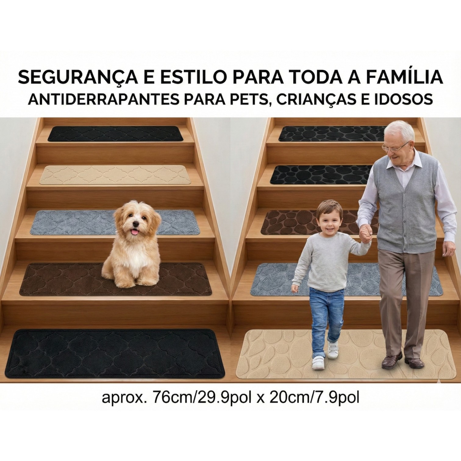 Tapete Antiderrapante Antiquedas Escadas Pets Preto 20x76cm