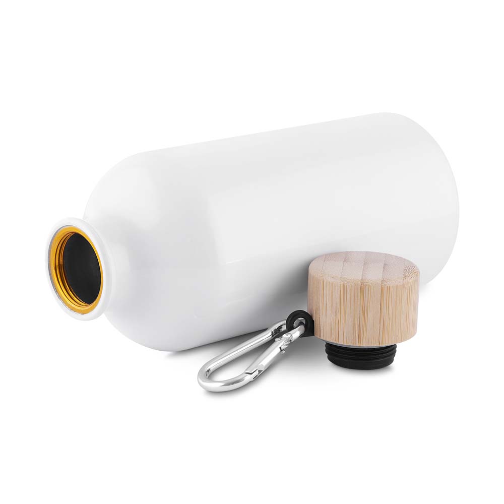 Garrafa Alumínio Reciclado 550ml Tampa Bambu Mosquetão Branca