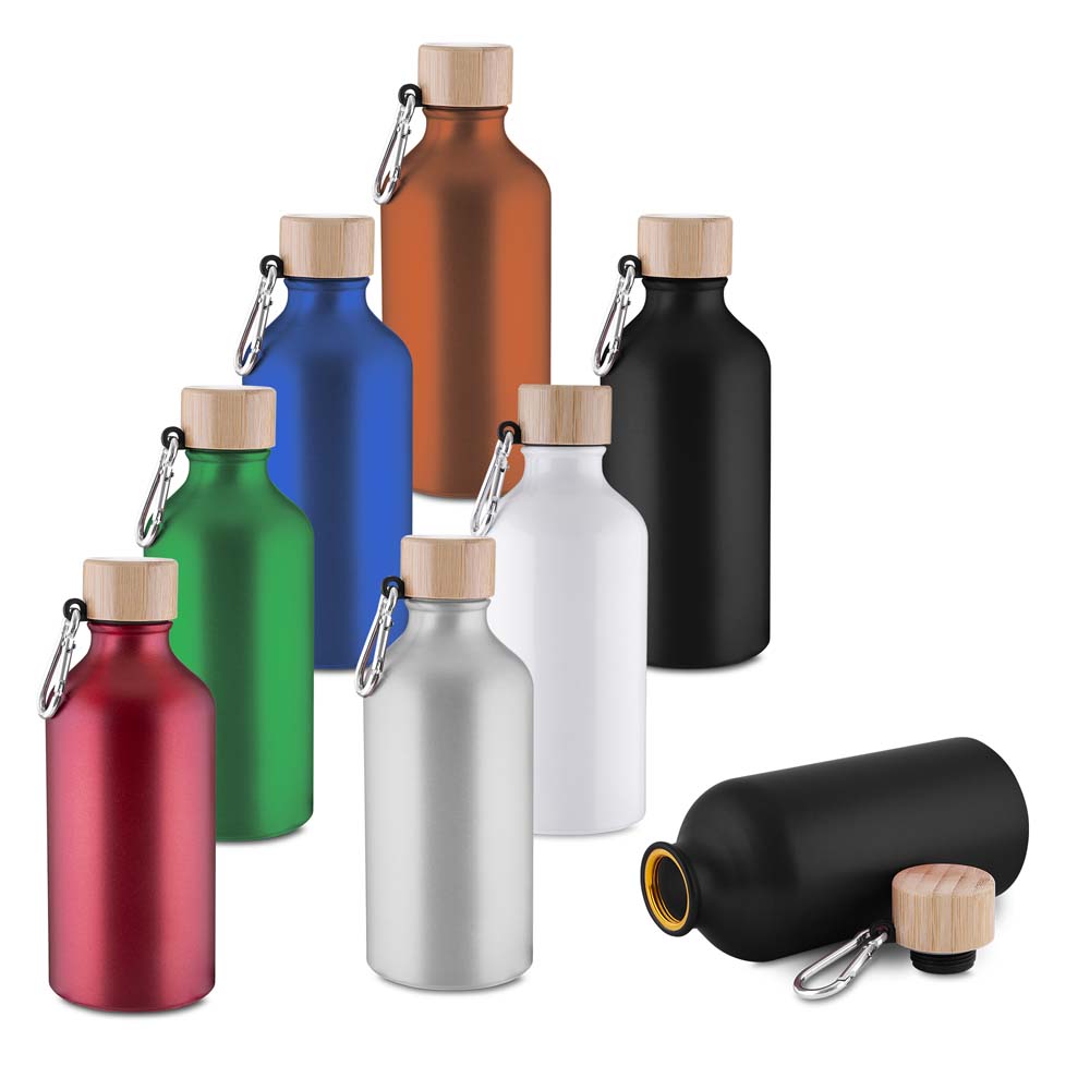 Garrafa Alumínio Reciclado 550ml Tampa Bambu Mosquetão Prata