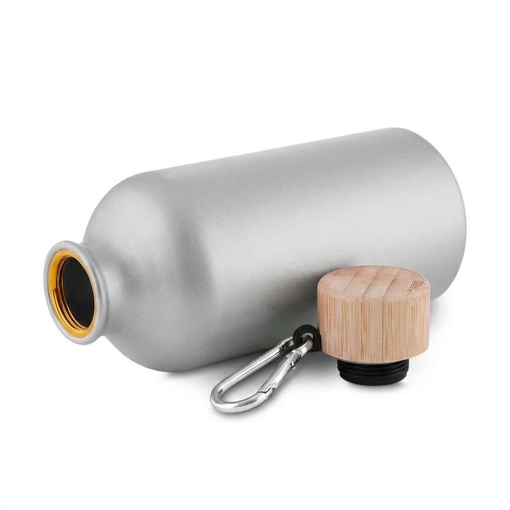 Garrafa Alumínio Reciclado 550ml Tampa Bambu Mosquetão Prata