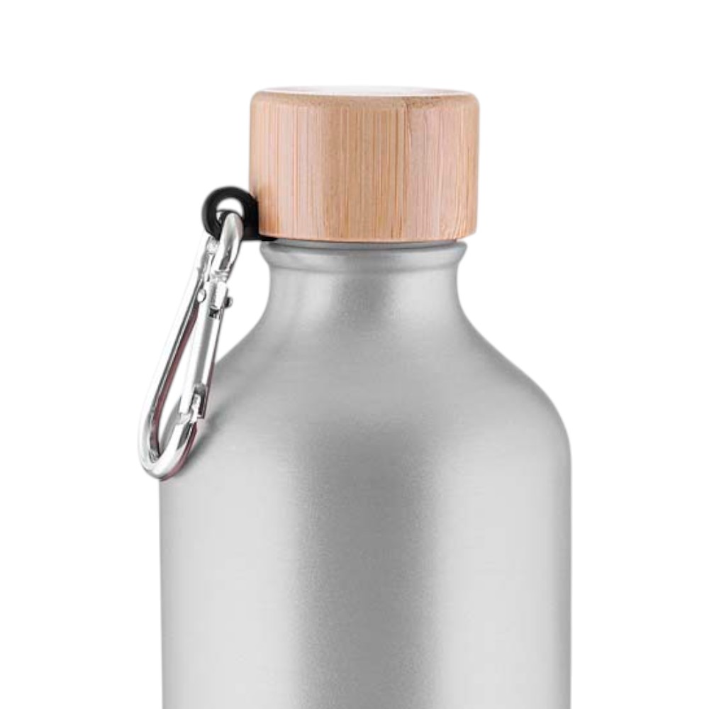 Garrafa Alumínio Reciclado 550ml Tampa Bambu Mosquetão Prata