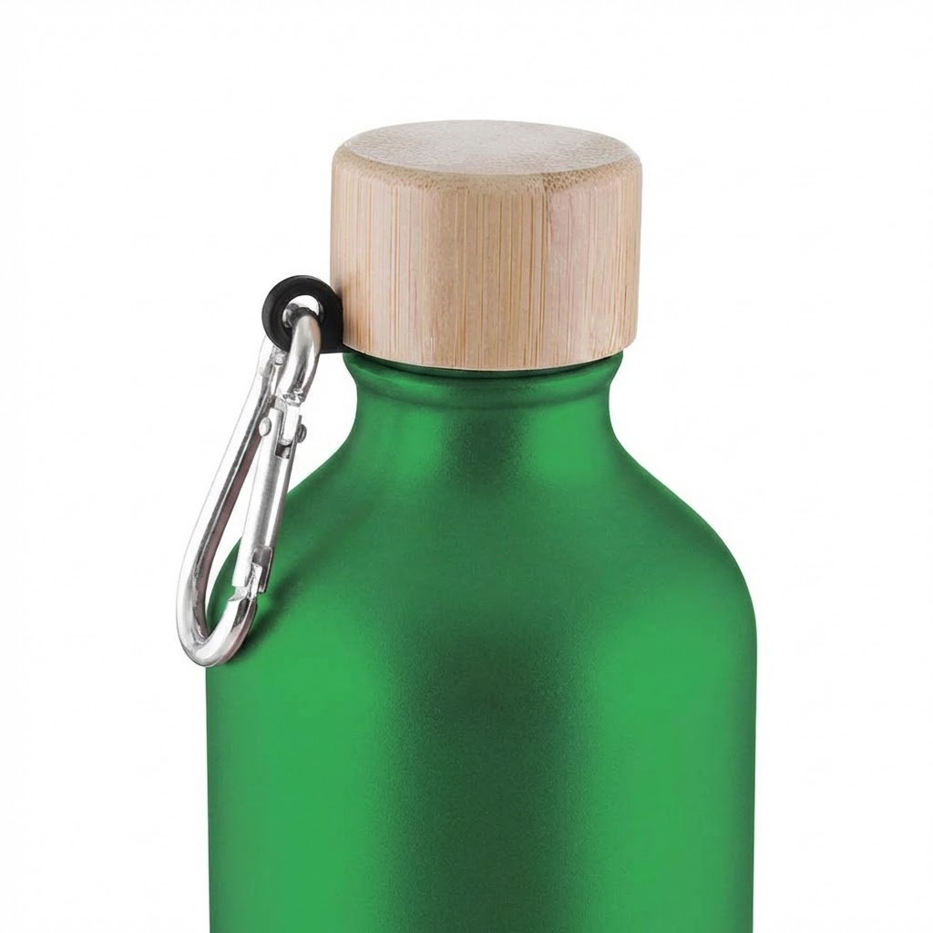 Garrafa Alumínio Reciclado 550ml Tampa Bambu Mosquetão Verde