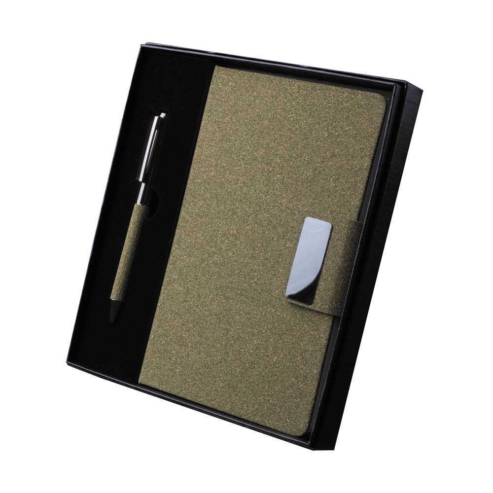 Kit Caderno A5 + Caneta Metálica Detalhes Fibra de Chá Presenteável