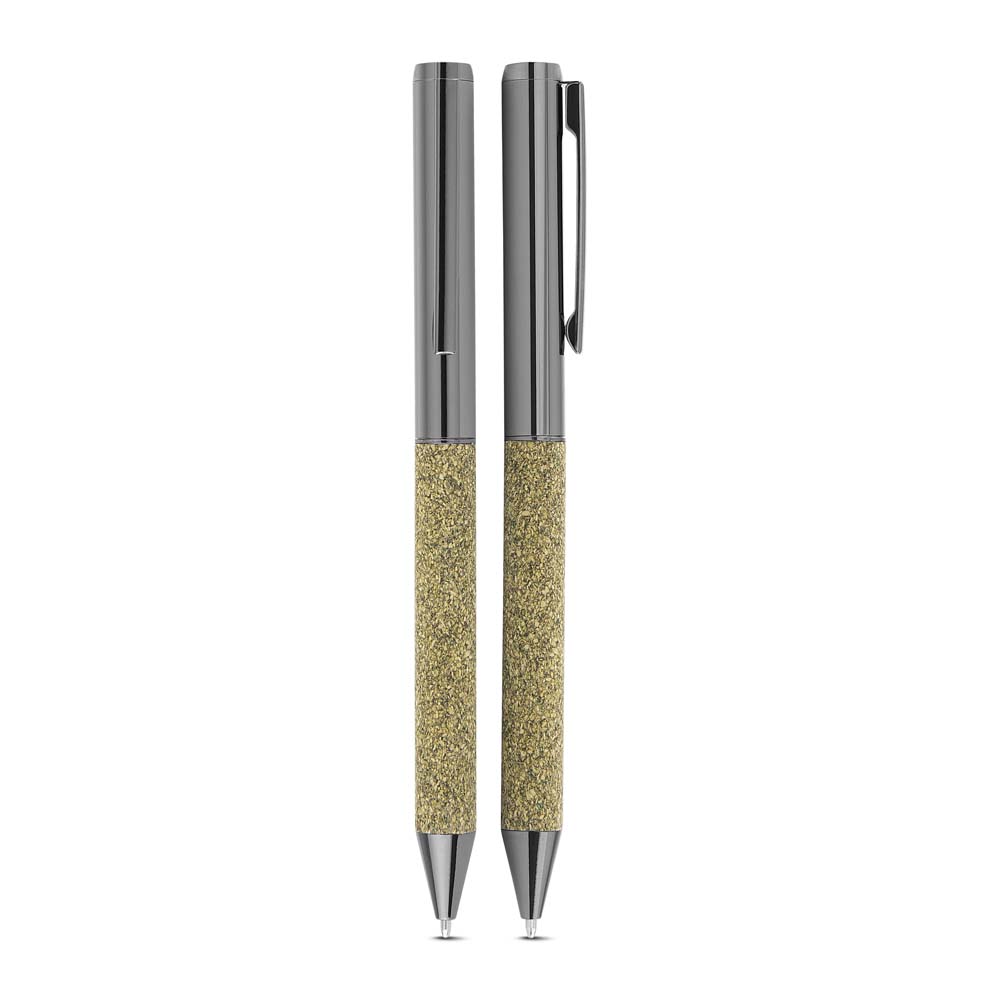 Kit Caderno A5 + Caneta Metálica Detalhes Fibra de Chá Presenteável