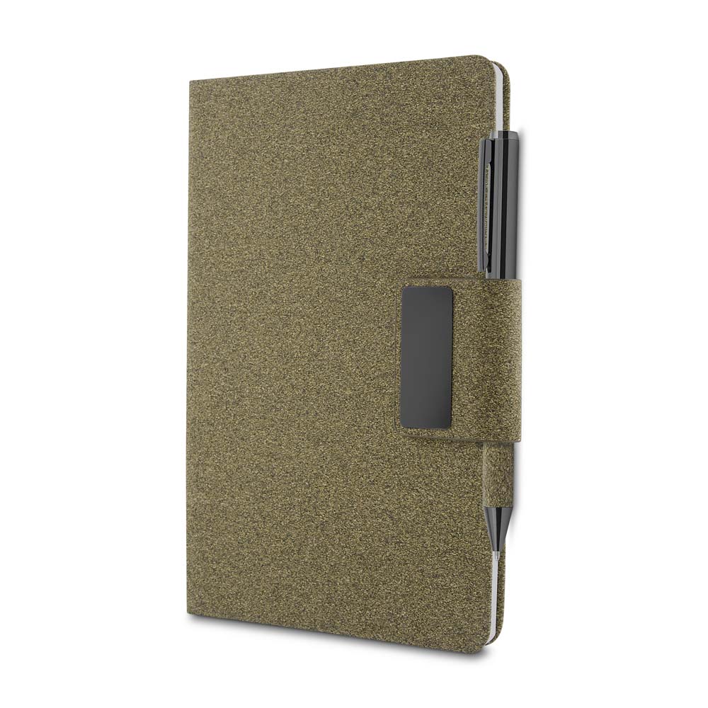 Kit Caderno A5 + Caneta Metálica Detalhes Fibra de Chá Presenteável