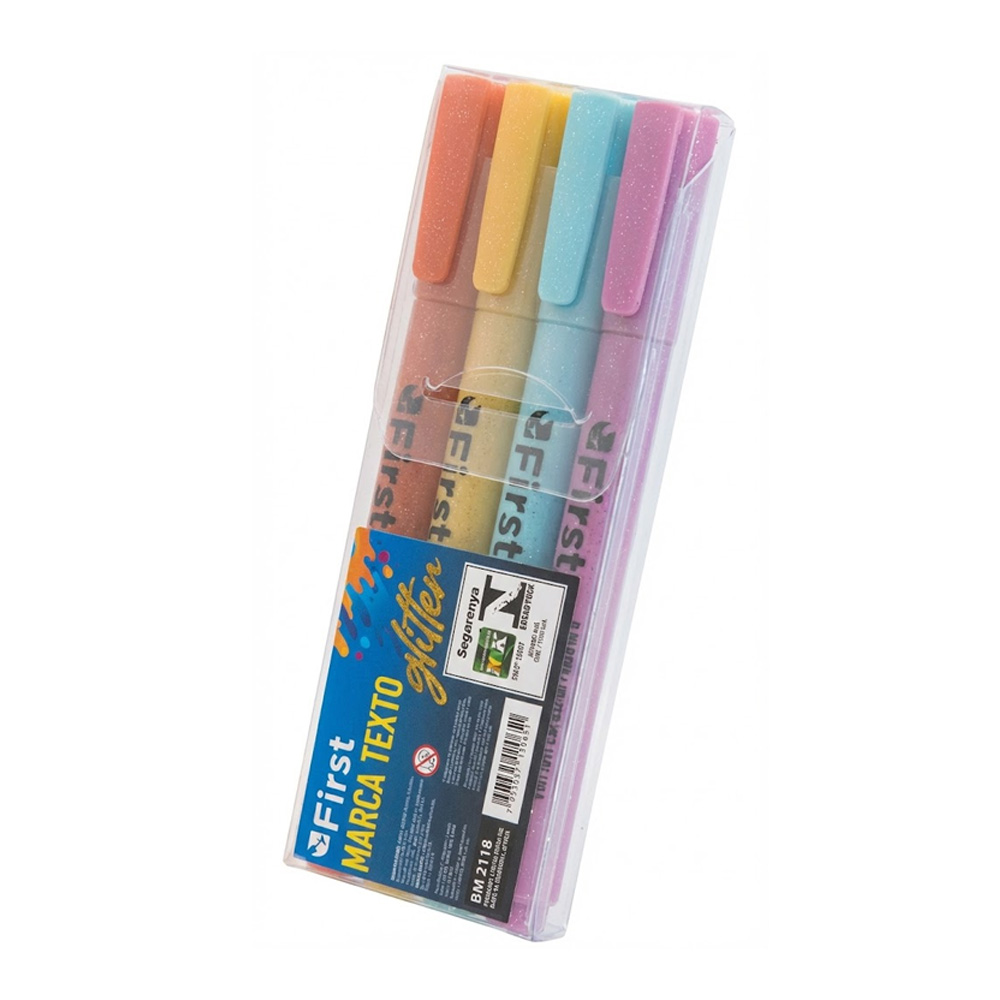 Marca Texto com Glitter Chanfrado 4 Cores Estojo Ponta Suave