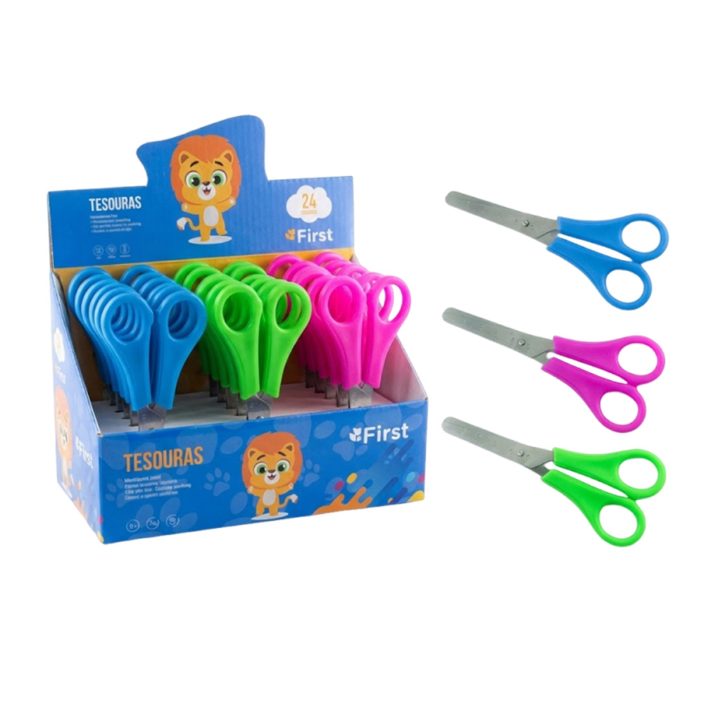 Caixa com 24 Tesouras Escolares Inox 13cm Cabos Coloridos sem Pontas