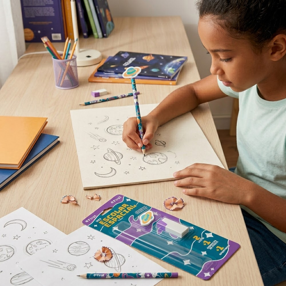 Kit Escolar com 2 Lápis, Apontador e Borracha Tema Espacial