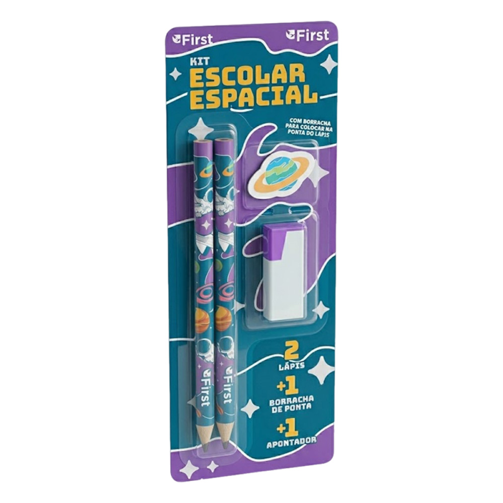Kit Escolar com 2 Lápis, Apontador e Borracha Tema Espacial