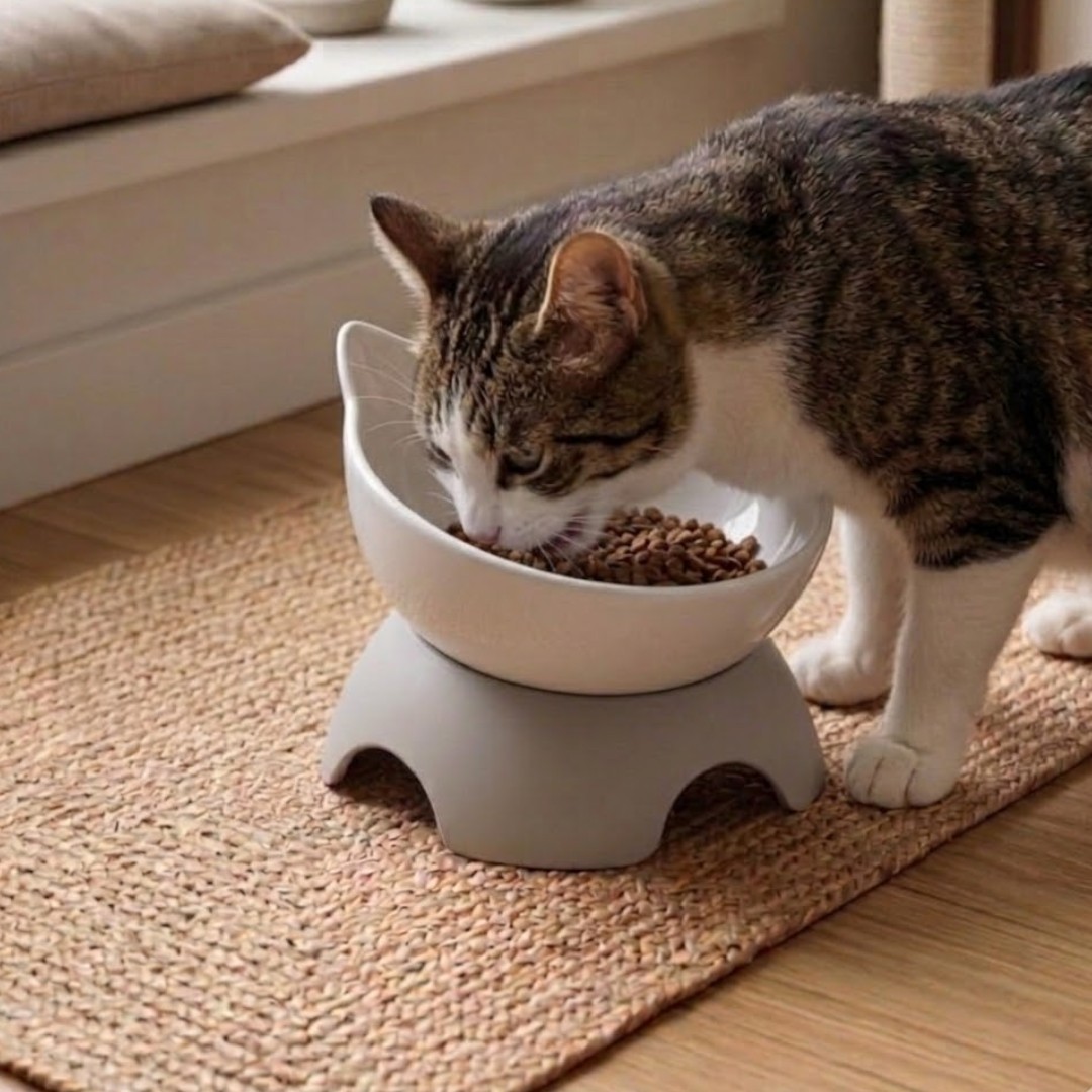 Comedouro Tigela Acrílico Pets Elevada com Orelhas Água Ração Branca