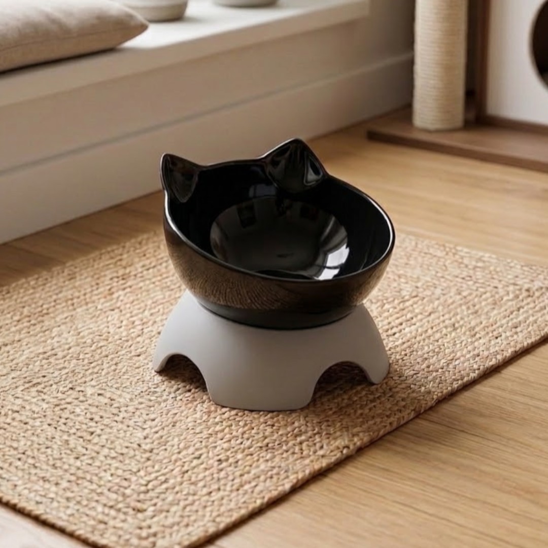 Comedouro Tigela Acrílico Pets Elevada com Orelhas Água Ração Preto