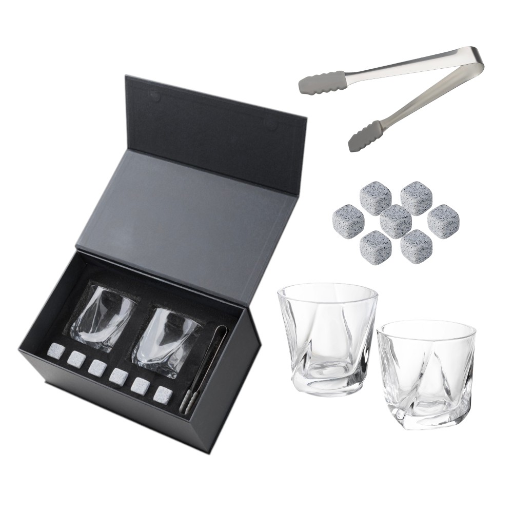 Kit Whisky Premium 2 Copos Pedras de Granito Pinça