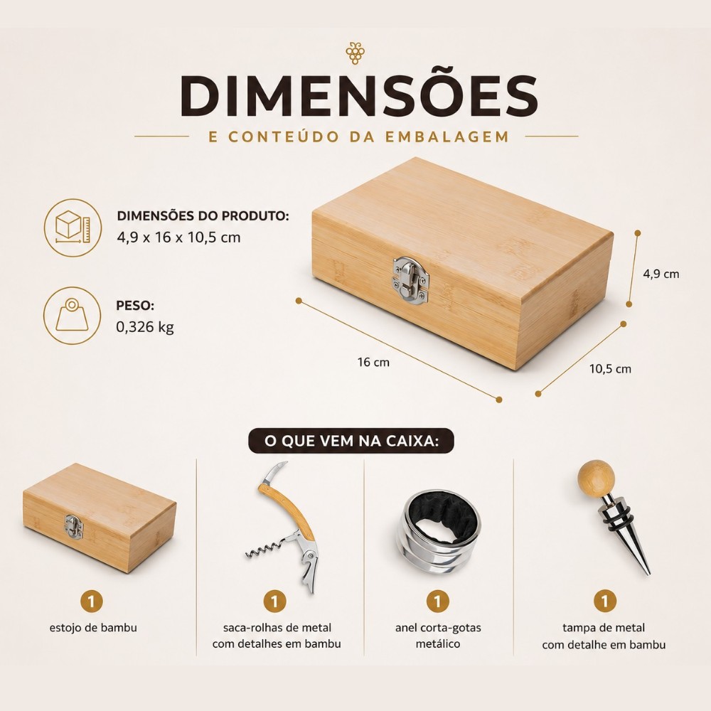 Kit Vinho Bambu: Saca-Rolha, Tampa Bico e Anel Corta-Gotas 