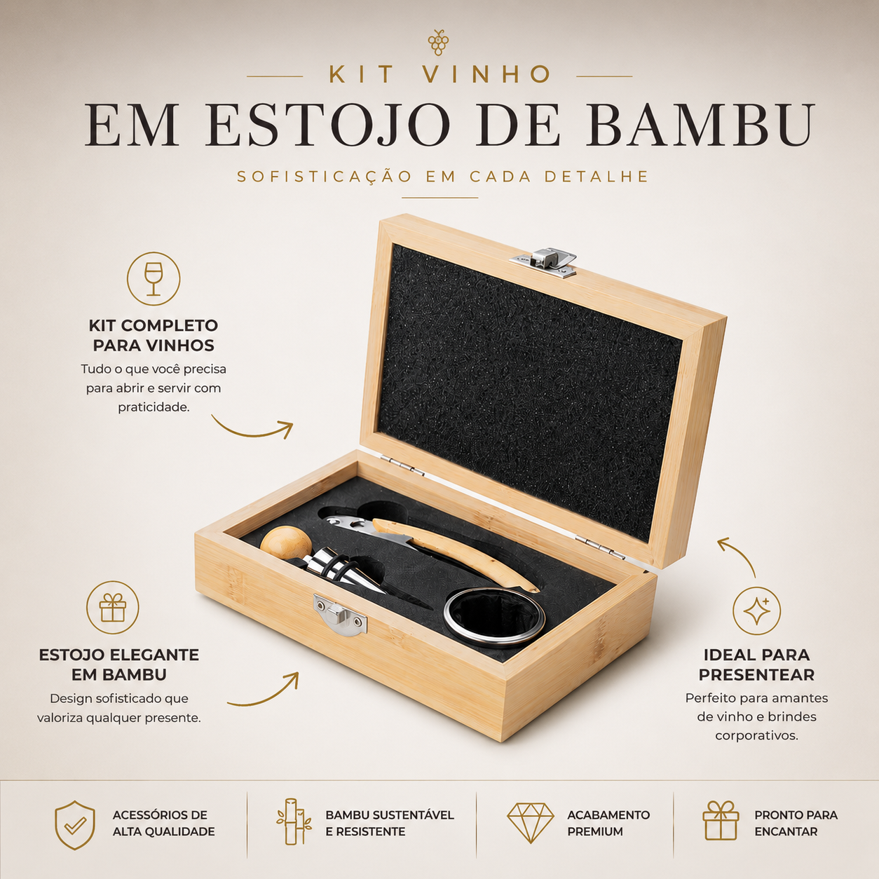 Kit Vinho Bambu: Saca-Rolha, Tampa Bico e Anel Corta-Gotas 