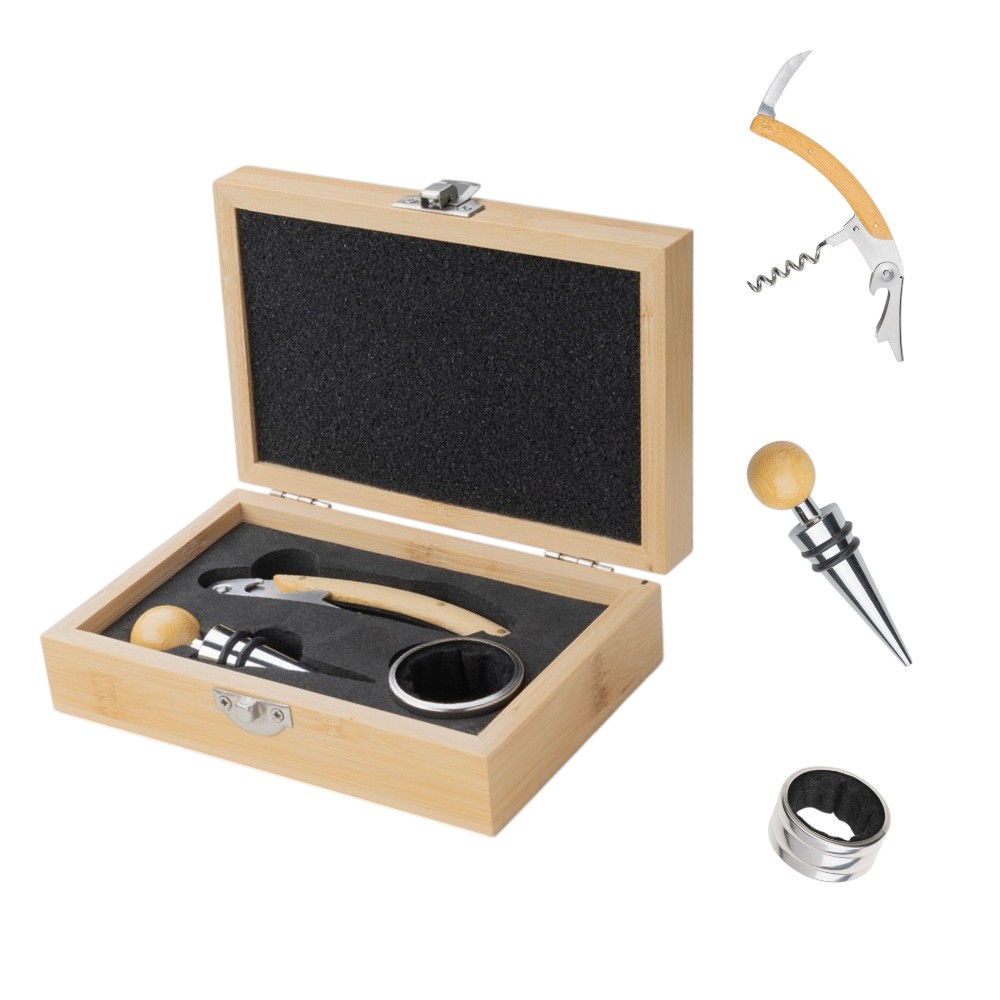 Kit Vinho Bambu: Saca-Rolha, Tampa Bico e Anel Corta-Gotas 