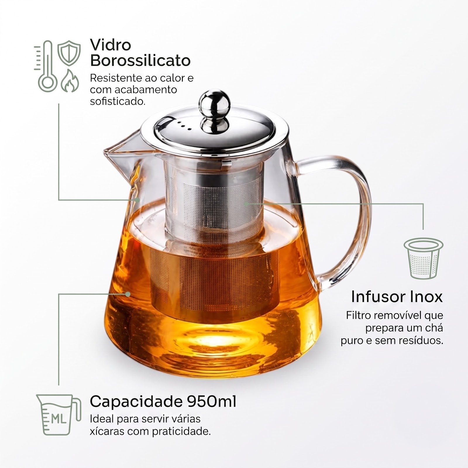 Bule de Vidro c/ Infusor 950ml e 4 Xícaras Borossilicato